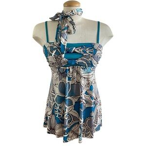 Xis Clothing Vintage Y2K Teal and Cream Floral Tank Top Women’s Size Small